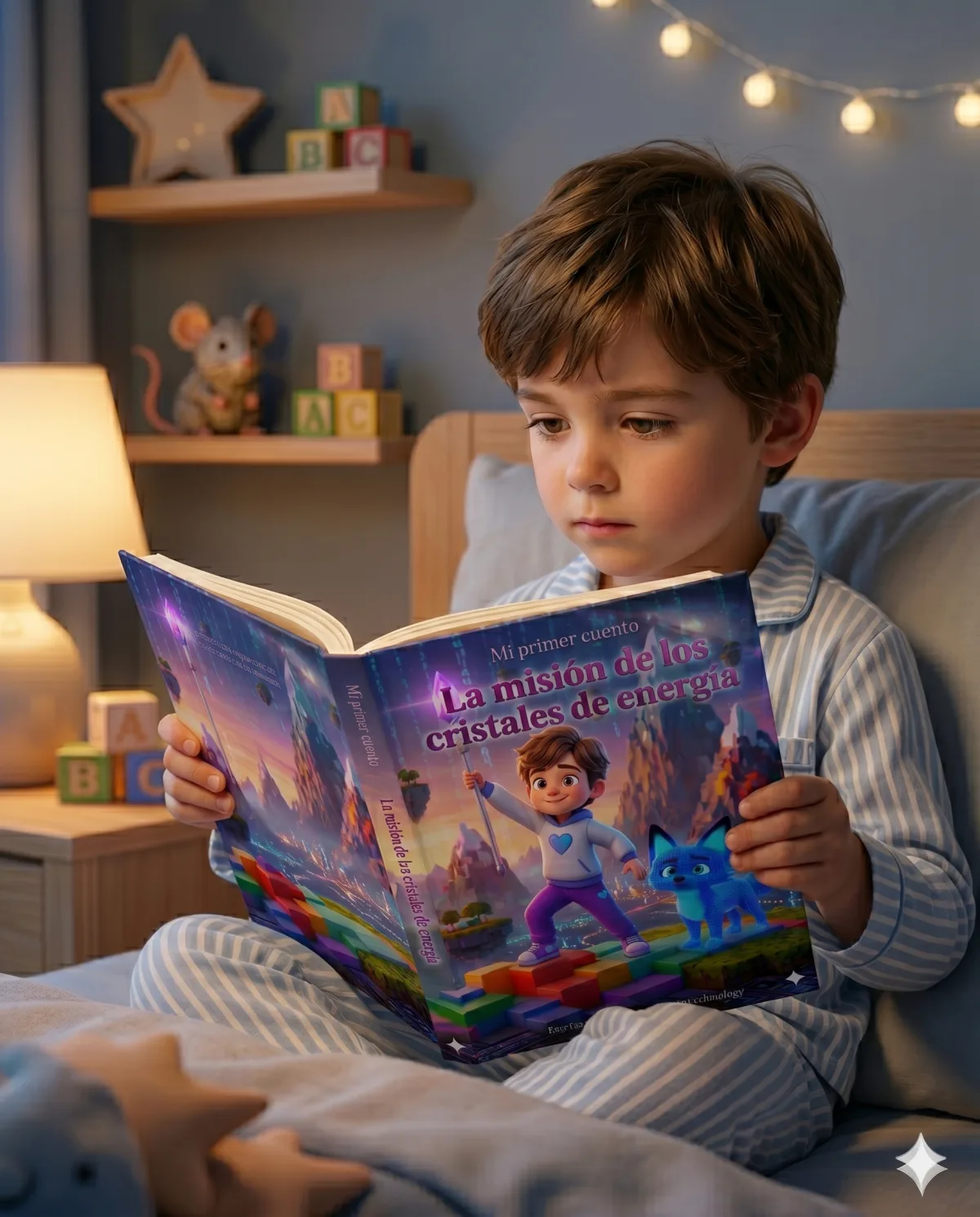 Niño en pijama leyendo su cuento personalizado en su habitación