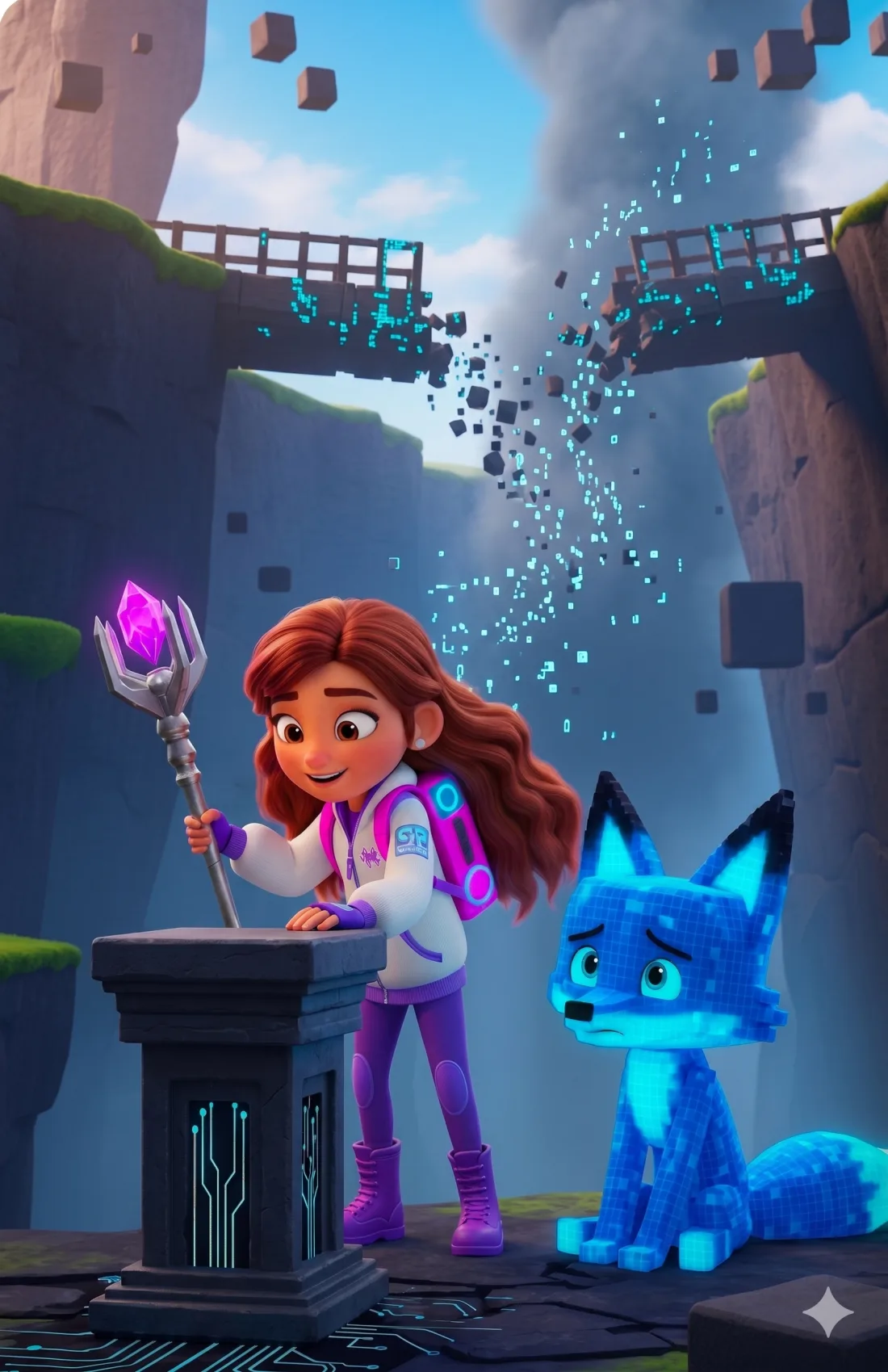 Escena central del cuento personalizado: el héroe descubre los cristales de energía