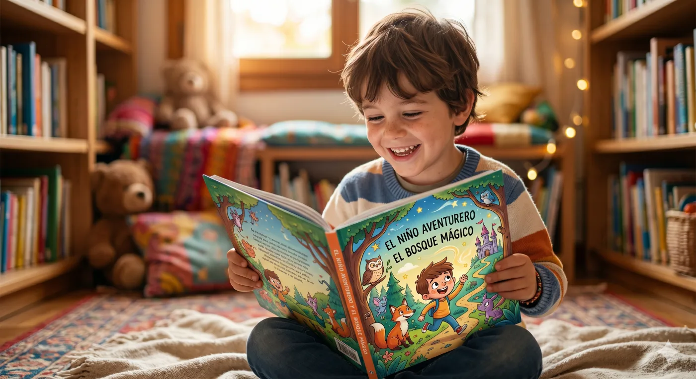 Niño sonriendo mientras lee su cuento personalizado El niño aventurero en el bosque mágico